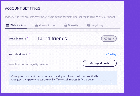 A GIF of account settings with successful domain connection notification
