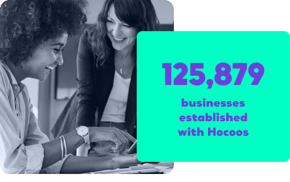 Girl standing with lapto shows that Hocoos AI has 12378 business established.