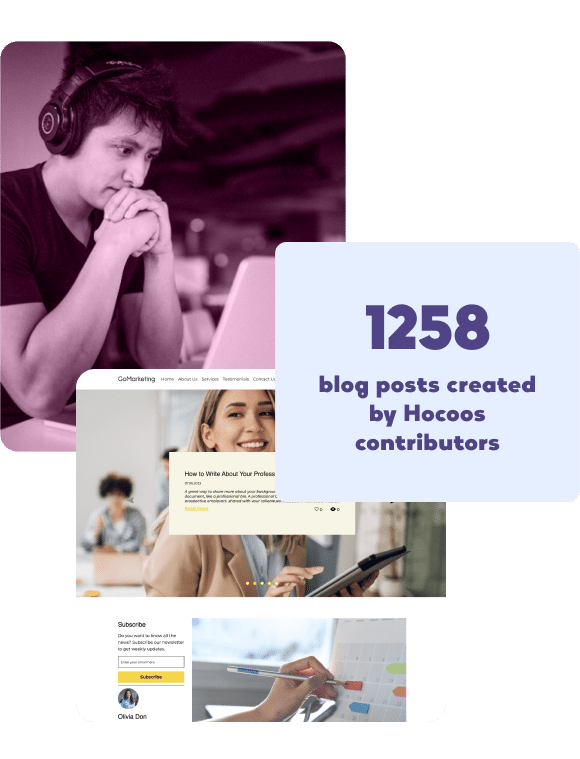 Man standing with laptop shows that 1258 blog posts are created by Hocoos contributors