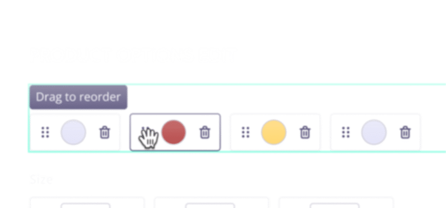 E-commerce product options editor interface with a 'Drag to reorder' feature and color selection for items