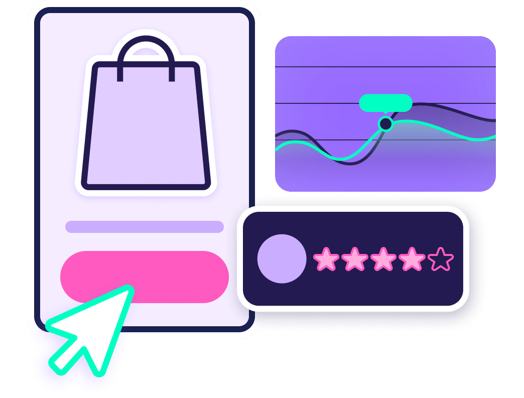 A shopping cart icon accompanied by a star and a shopping bag, illustrating the potential to establish an online store.