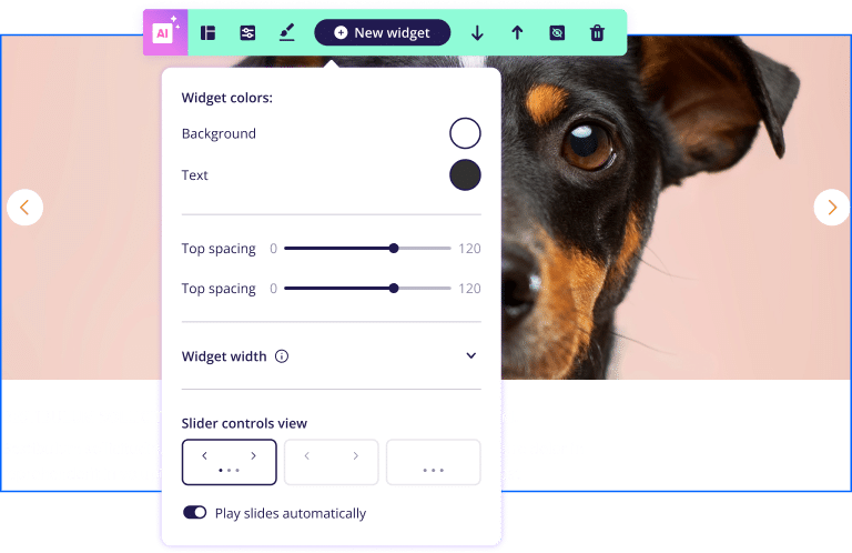Customization interface of a website builder with a close-up of a dog's face on a slider widget