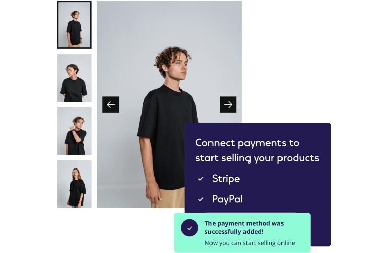 Online store setup page showing a clothing product carousel on the left and a notification on the right indicating successful addition of Stripe and PayPal as payment methods