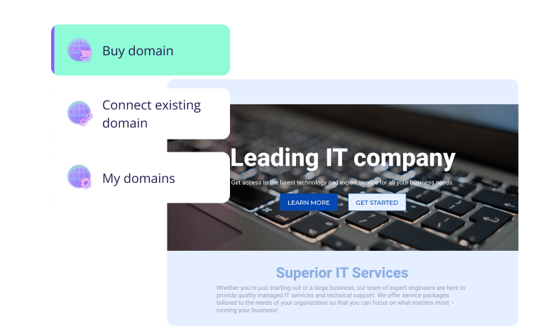 Website domain management interface with options to buy