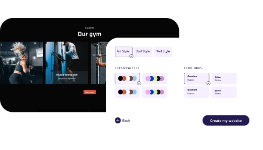 Website design customization tool displaying a gallery preview of a gym website on the left