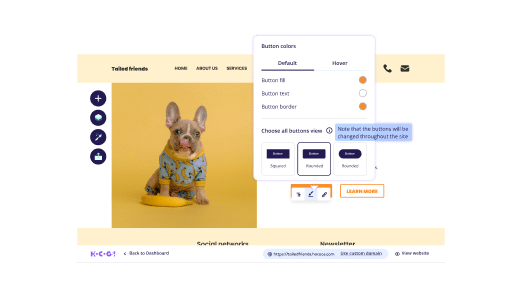 Web design interface with a cute French Bulldog on a yellow background